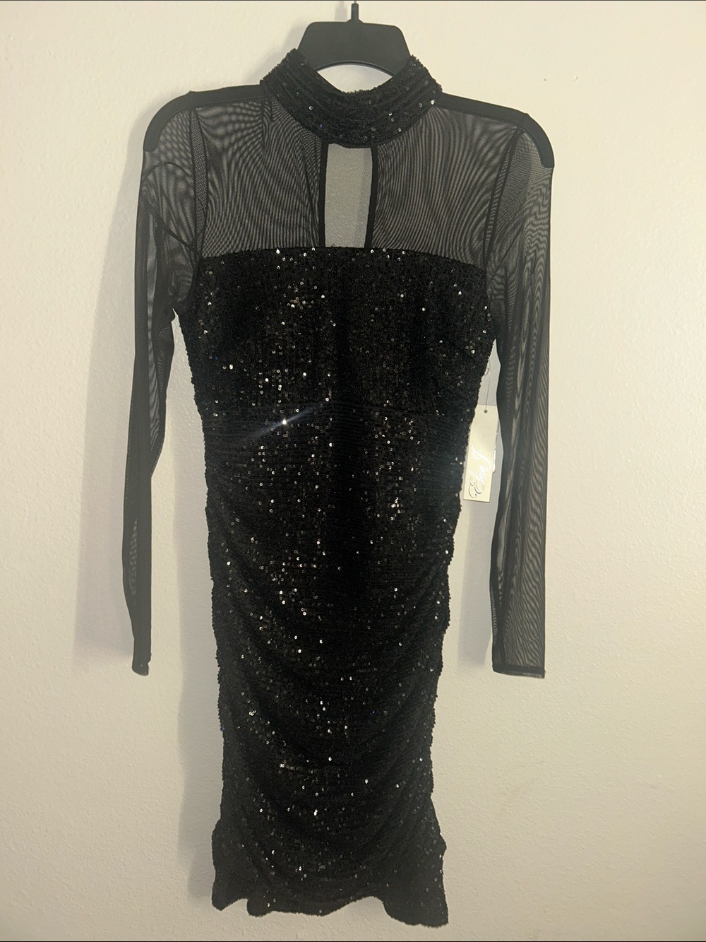 Eliza J Black Sequin Mesh Long-Sleeve Cocktail Dress
